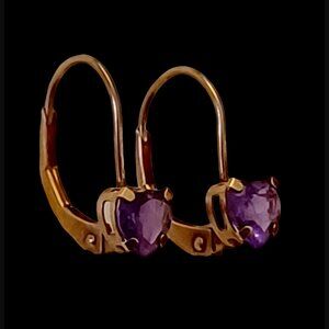 Caspian Int. 10k Solid Gold Amethyst Heart Lever Back Earrings .57" Long